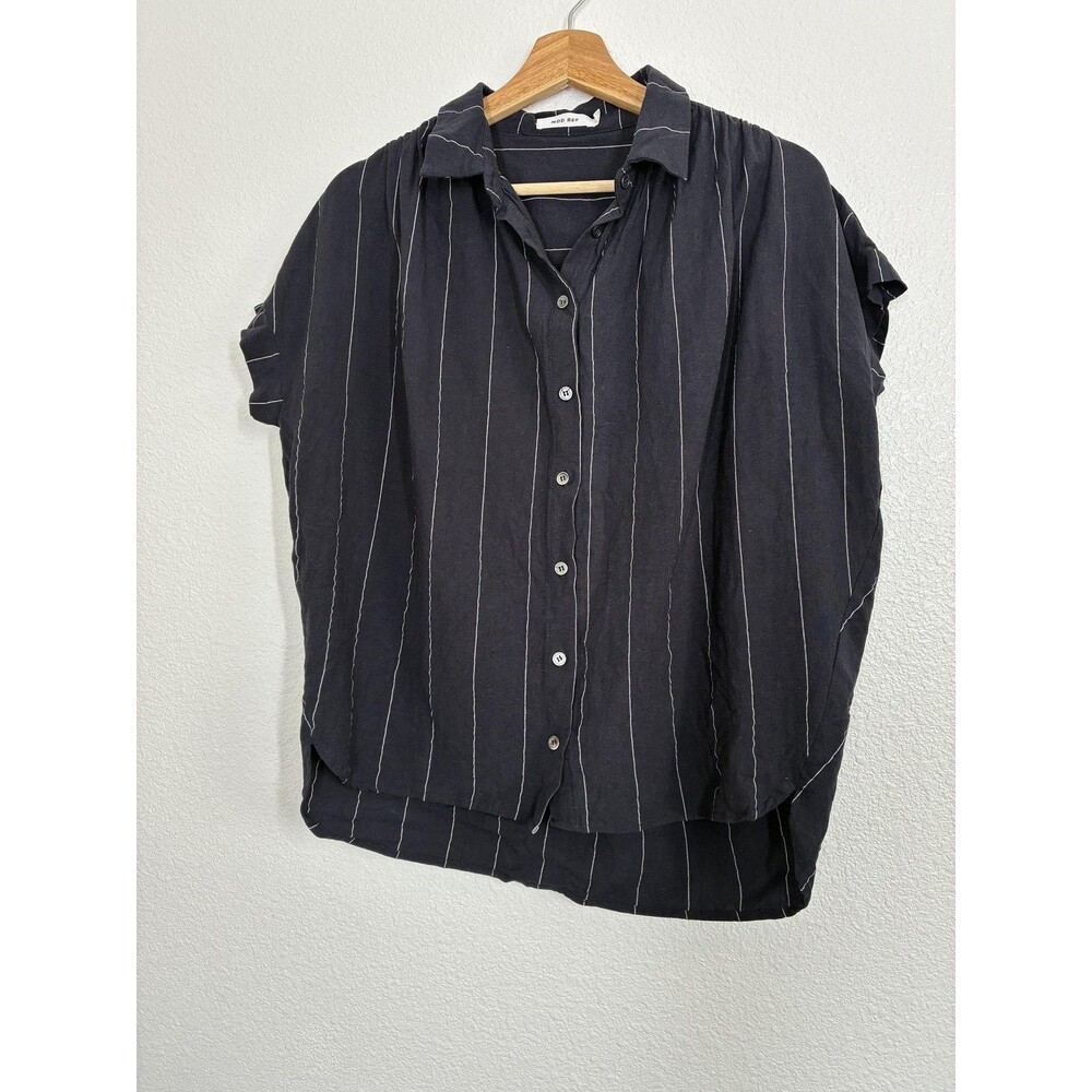 MOD REF Linen Shirt Button Up Womens Small Navy Stripe Dolman Short Sleeve Linen